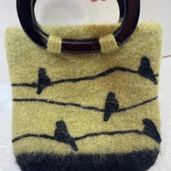 Wool Green w/Birds Double Wooden Handle Handbag Purse Hnadmade - Picture 8 of 13